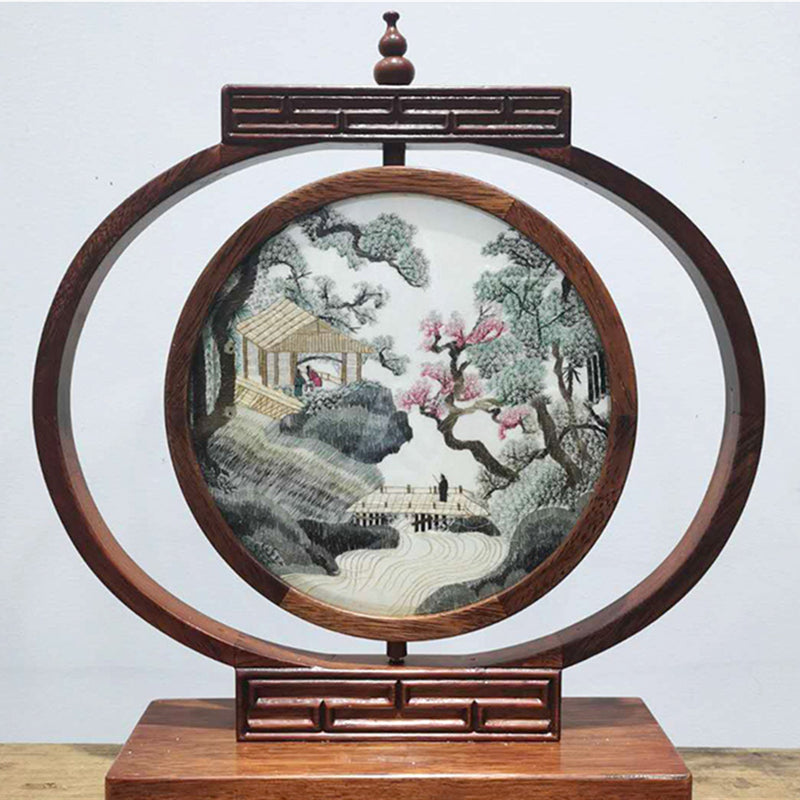 Vintage Chinese Style Home Decor Table Lamp Ornaments Bedroom Reading Desk Lamp Silk Hand Embroidery Double Patterns with Wooden Frame Gift