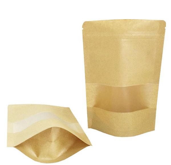 100pcs-lot craft paper cookie sack, 22*30cm stand up Kraft paper bag with transparent window-standing dustproof cheese
