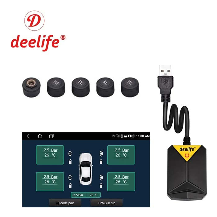 Car radio and DVD player, multimedia player system with tire pressure monitoring, spare tire external and internal sensors