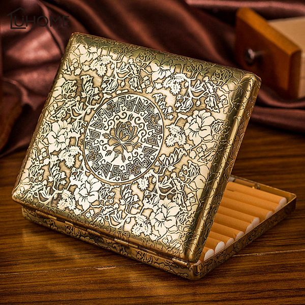 Vintage Peony Copper Cigarette Case Hold Men&#039;s Gift 20pcs Cigarette Box Business Men Cigar Case Gadget for Smoker Smoke Tools Y1113