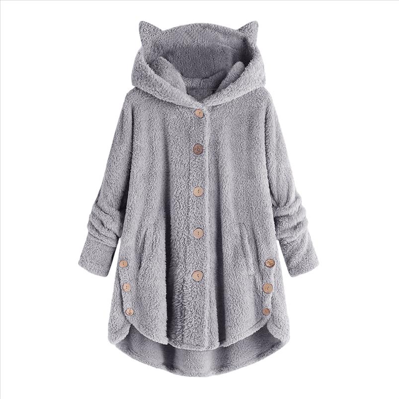 Women Plush Blouses Sweatshirt Button Solidtops Hooded Zipper Up Loose Coat Plus Size Oversized Hoodie T2