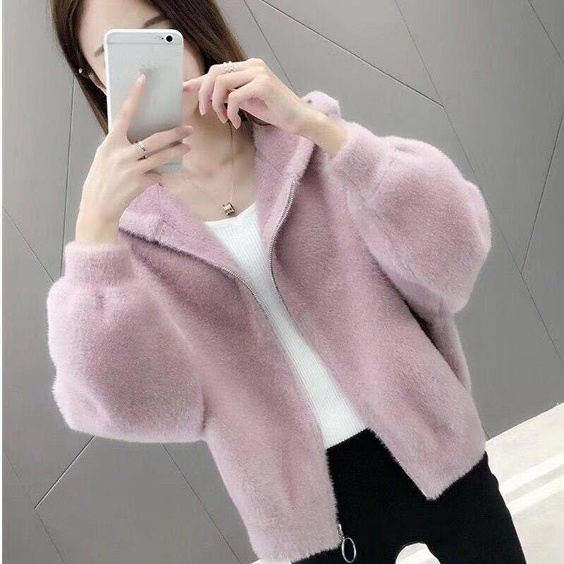 Women Short Coat Full Sleeve Turn-down Collar Thick Warm Knitted Casual Office Lady