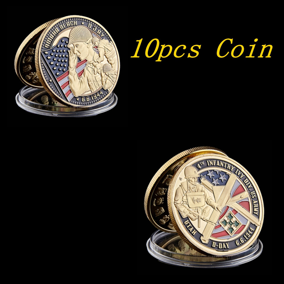 10pcs 40*3mm 1944.6.6 USA Army Craft Infantry Utah D-Day Omaha Beach Commemorative Coin 24K Gold Plated Military Badge For Gift
