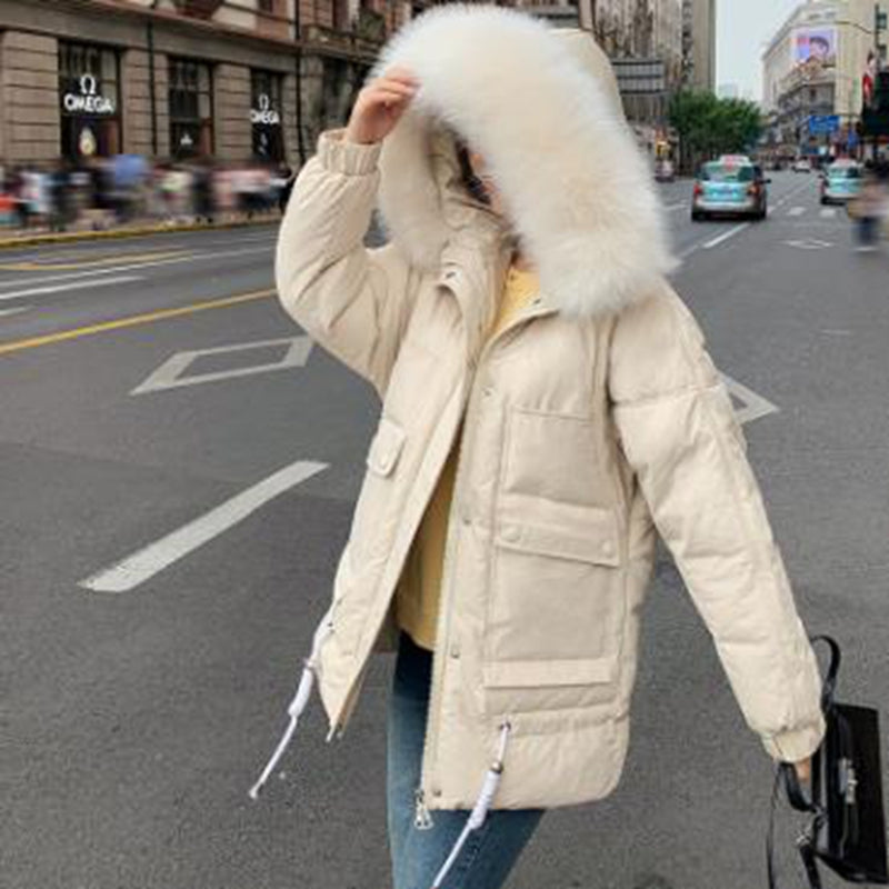 Wholesale fashion women&#039;s mid-length large pockets loose casual big fur collar student wear youth padded jacket