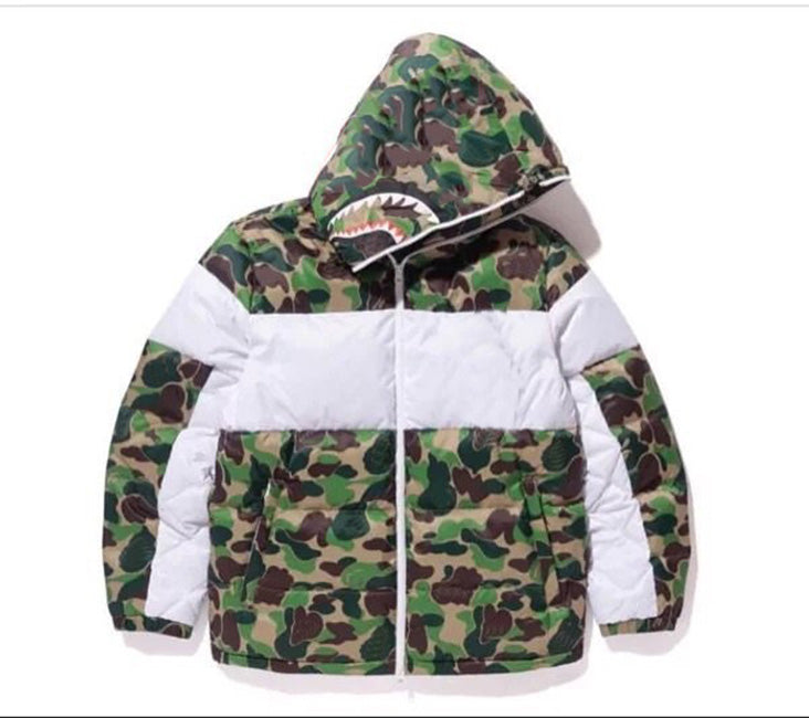 Fahison Mens Clothing 20AW Outwear Hoodie Jacket Shark Head Embroidery Thicken Cotton High Quality Parkas Green Color Size : S-2Xl