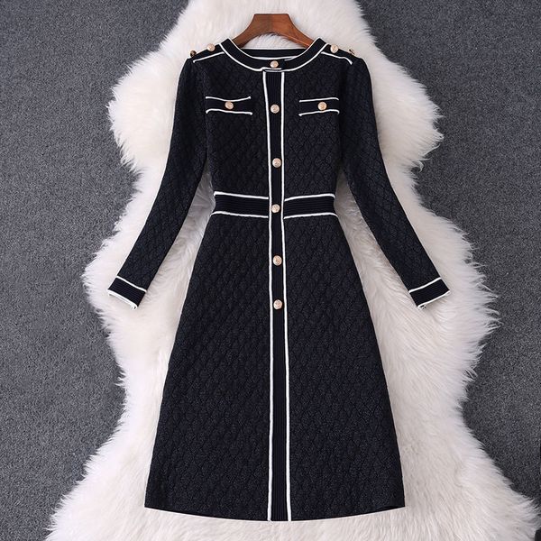 Autumn Women&#039;s Long Sleeve Sweater Dress Office Lady Bright silk decoration Retro Knit Dress Long style Dress