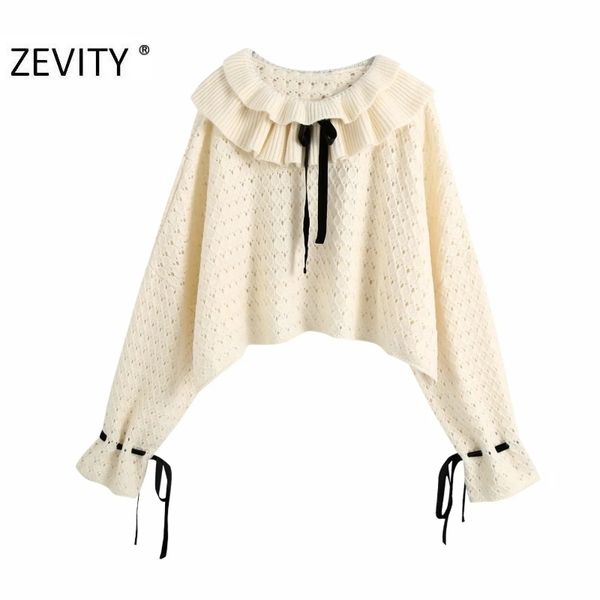 Zevity new women fashion cascading ruffle hollow out knitting sweater ladies long sleeve bow tied casual sweaters chic tops S391 201017
