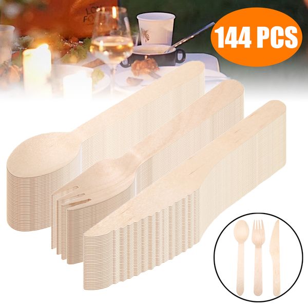 144pcs-set Disposable Wooden Cutlery Forks Spoons Dessert Utensils Party Home Tableware 201116