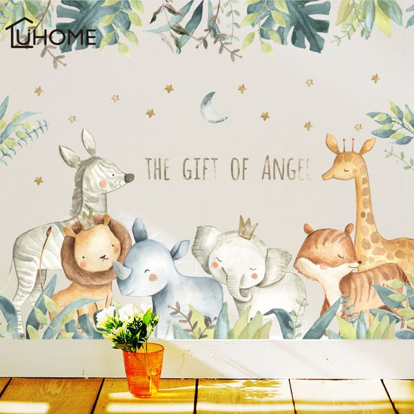 Cartoon Wall Stickers for Kids Rooms Giraffe Lion Fox Elephant Animal Home Decals Nursery Kindergarten Baby Room Home Decor 201130