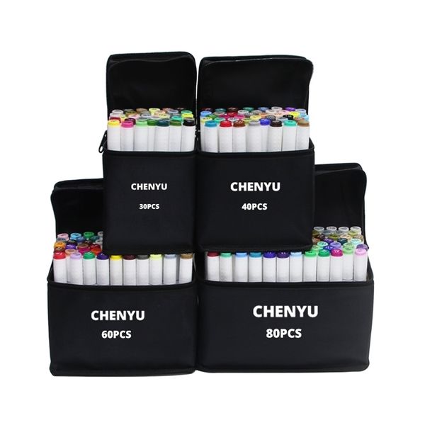 CHENYU 30-40-60-80Pcs Alcohol markers Manga Drawing Markers Pen Alcohol Based Non Toxic Sketch Oily Twin Brush Pen Art Supplies 201211