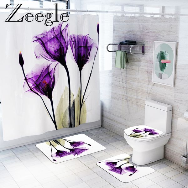 Bath Mat Set Carpet Shower Curtain Anti Slip Bathroom Doormat Absorbent Bathroom Cover Toilet Seat Waterproof Bathroom Curtain Y200407
