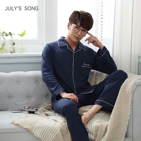 JULY&#039;S SONG Spring Autumn Male Pajamas Sets Solid Long Sleeve Cotton Pijamas For Men Button Pockets Nightwear Sleepwear 201109