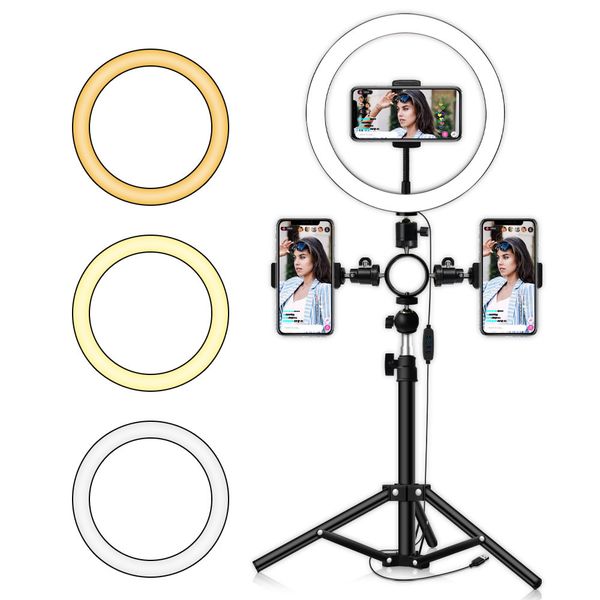 10 inch selfie ring light makeup lamp in 3 lights modes with tripod multi smartphone holders for youtuber studio lighting