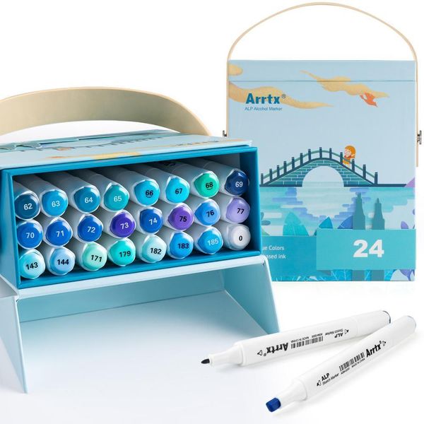 Arrtx ALP Blue Tone 24 Colors Alcohol Marker Pen Dual Tips Markers Perfect for Painting Sky, Sea, River, etc 201120