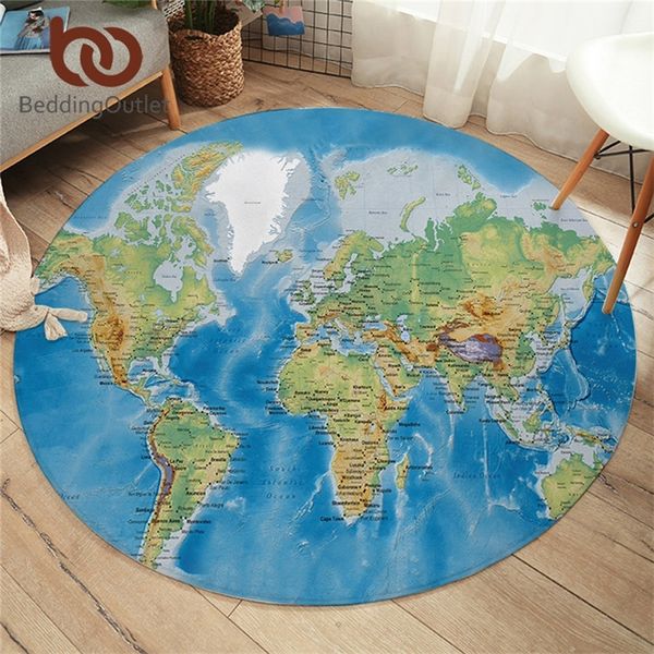 BeddingOutlet World Map Round Carpets For Living Room Vivid Printed Chair Area Rug Blue Floor Mat for Bedroom Kids Play Tent Mat 201225