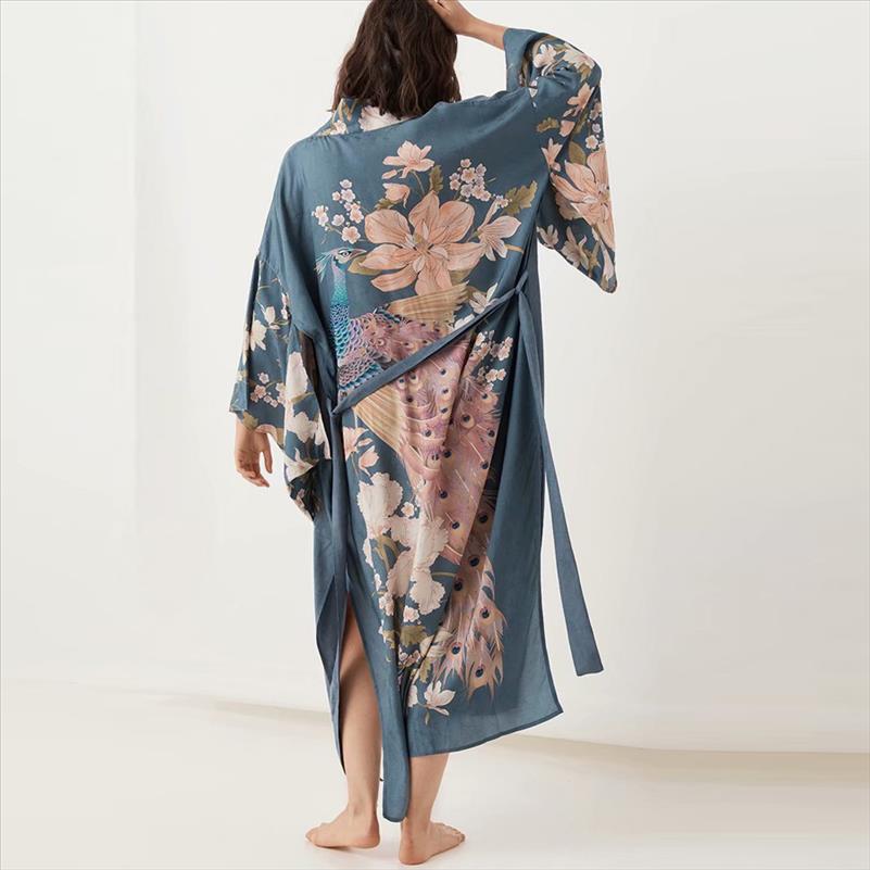 Autumn Kaftan waterfall Robe women blouses deep blue Floral print Kimono sleeve Boho cardigan Side Slits Gypsy blusa Beach