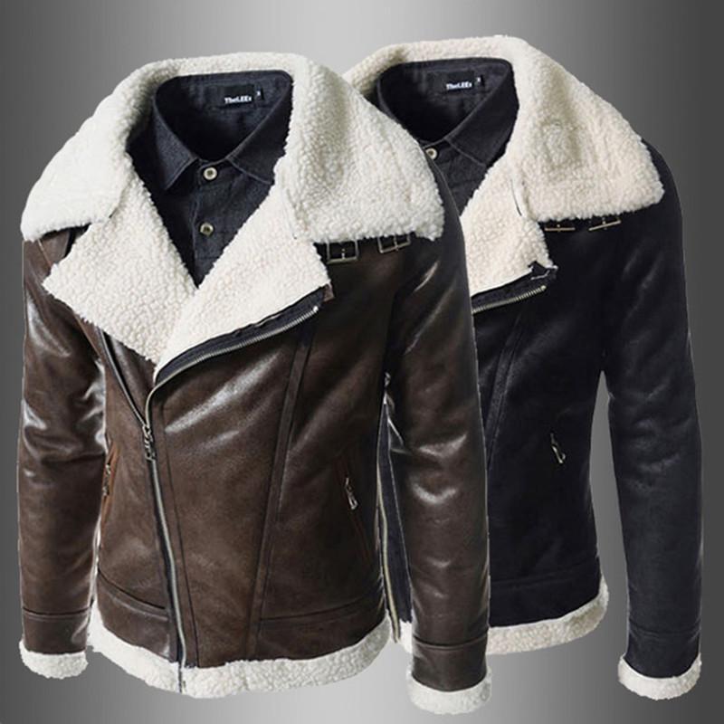 Men Lamb Wool PU Jackets Korean Style Men&#039;s Slim Large Collar Leather Jacket Fashion Outerwear Winter Streetwear