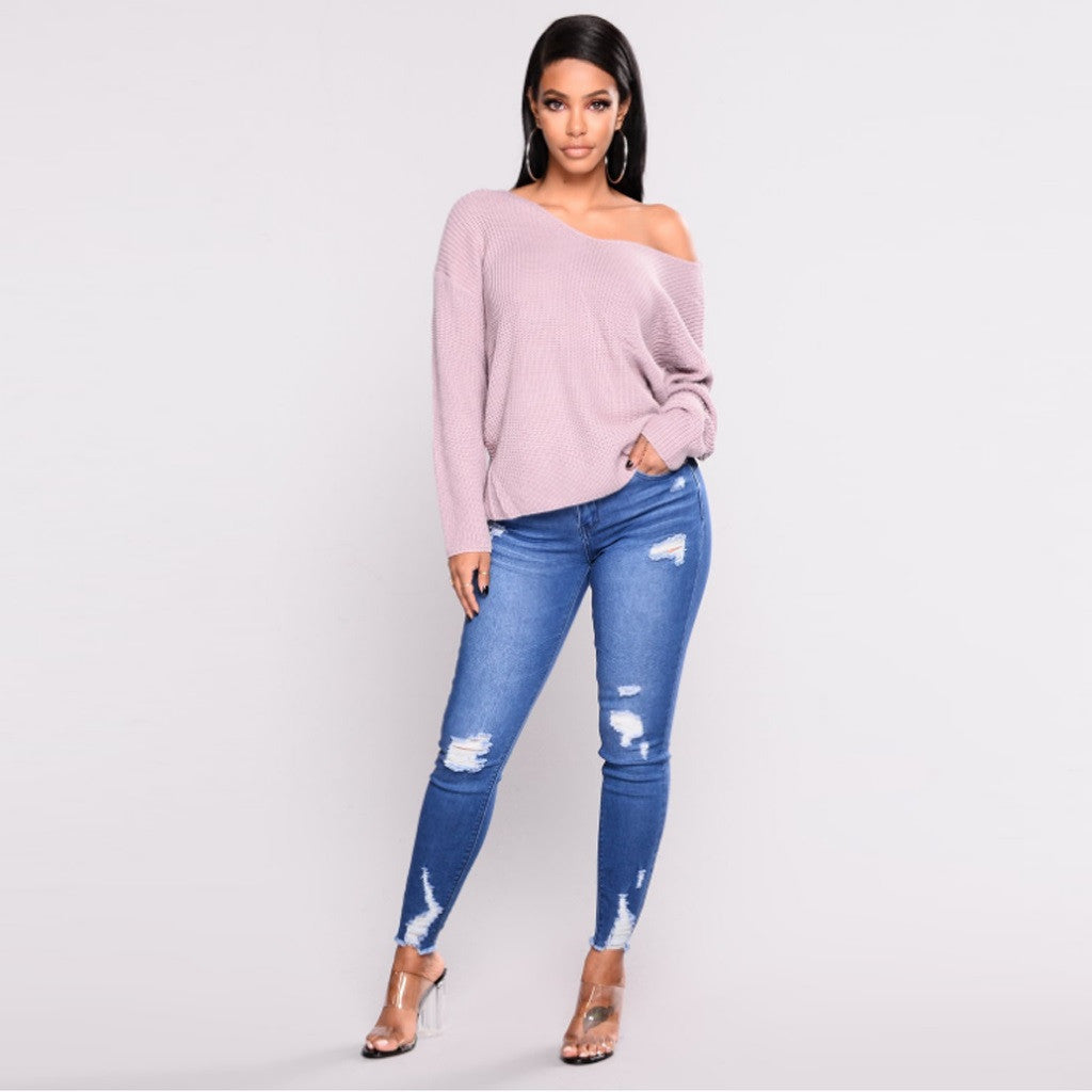 Bzoosio Fashion Women Jeans Plus Size Denim High Waist Stretch hole Ripped Leggings Skinny Slim Fitness Pencil Pants Trousers F1