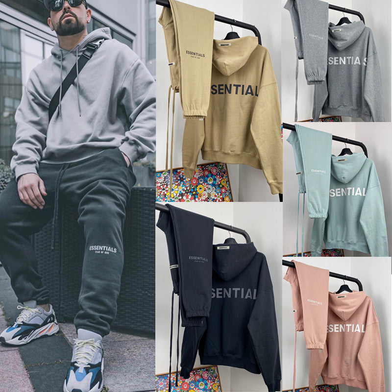 FEAR OF GOD Hoodie & Sweat Pants Set FOG Essentials 3M Reflective Oversize Top & Bottom Set for Men Women Hip Hop Casual Streetwear