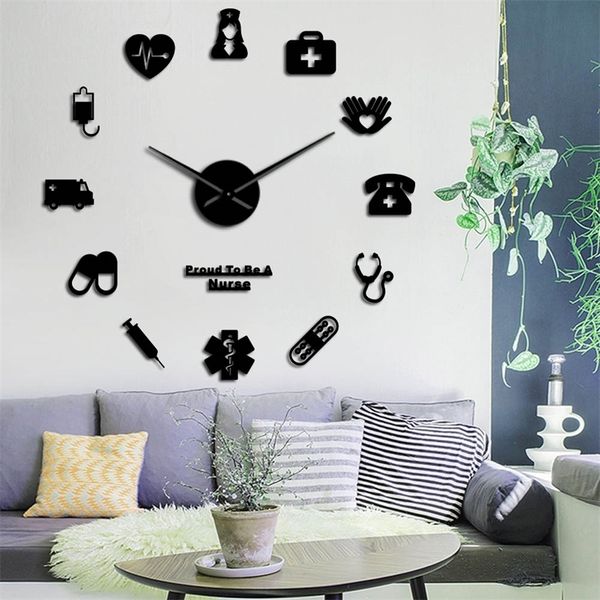Proud To Be A Nurse 3D DIY Mute Mirror Effect Wall Clock Drugstore Hospital Wall Art Decor Clock Watch Gift For Doctor & Nurse LJ201211