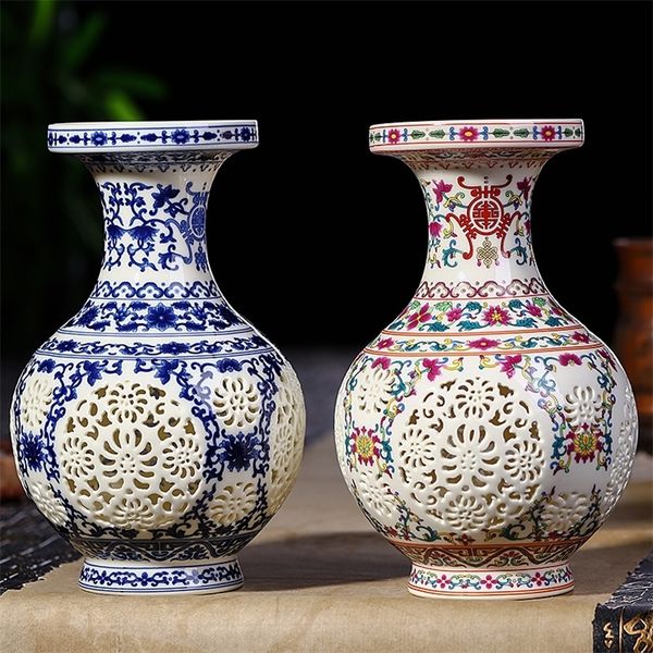 Antique Jingdezhen Ceramic Vase Chinese Pierced Vase Wedding Gifts Home Handicraft Furnishing Articles LJ201210