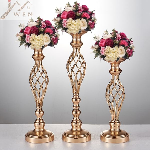 IMUWEN Creative Hollow Gold- Silver Metal Candle Holder Wedding Table Centerpiece Flower Vase Rack Home Hotel Road Lead Decor LJ201018