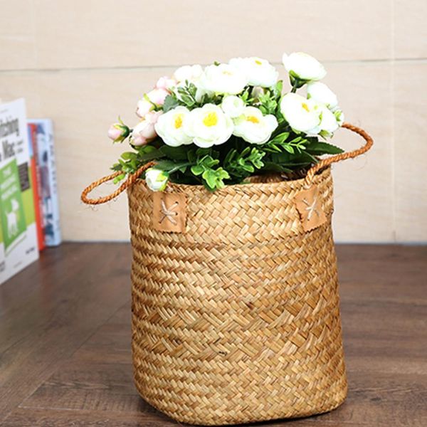 Lavender Vase Woven Sundries Storage Baskets Hanging Basket Rattan Babysbreath Potted Flowerpot Home Laundry Basket with Handle LJ201204