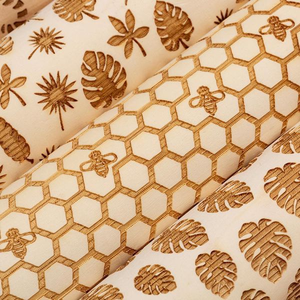 New Style Leaf Bee Hive Cactus Christmas Embossing Rolling Pin Baking Cookies Biscuit Fondant Cake Dough Engraved Wood Roller 201023