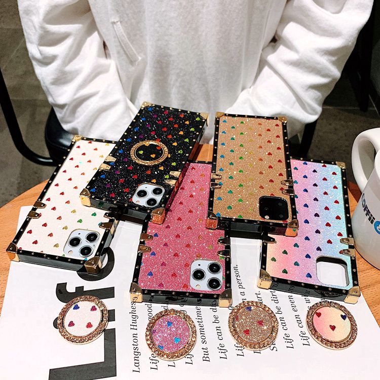 For iPhone 11 12 PRO XR XS MAX 8+ 7+ 6S+ Plus Luxury Designer Cases Glitter Love Fashion Diamond Square Defender Phone Case