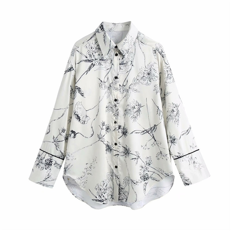 2021 New Elegant Women Sketch Print Shirts Fashion Turn Down Collar Ladies Satin Tops Streetwear Chic Women&#039;s Blouses 7AOH