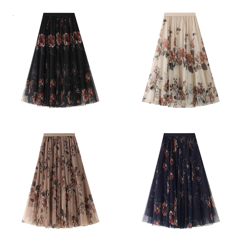 Women Floral Tutu Tulle Mesh Skirts Spring Elastic High Waist Flower Print Overlay Layered A Line Long Maxi Skirt Female Clothes 3VO4