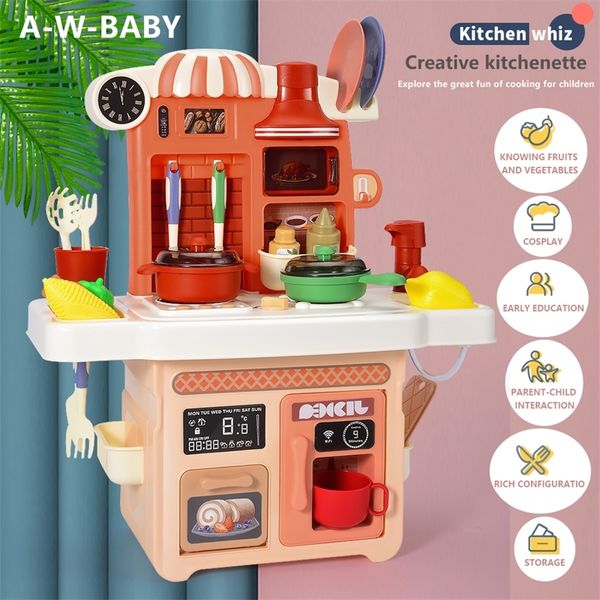 Kids Pretend Play Cooking Table Set Spray Water Dinnerware Simulation Kitchen Toys With Sounds & Lights for Girls and Boys LJ201009