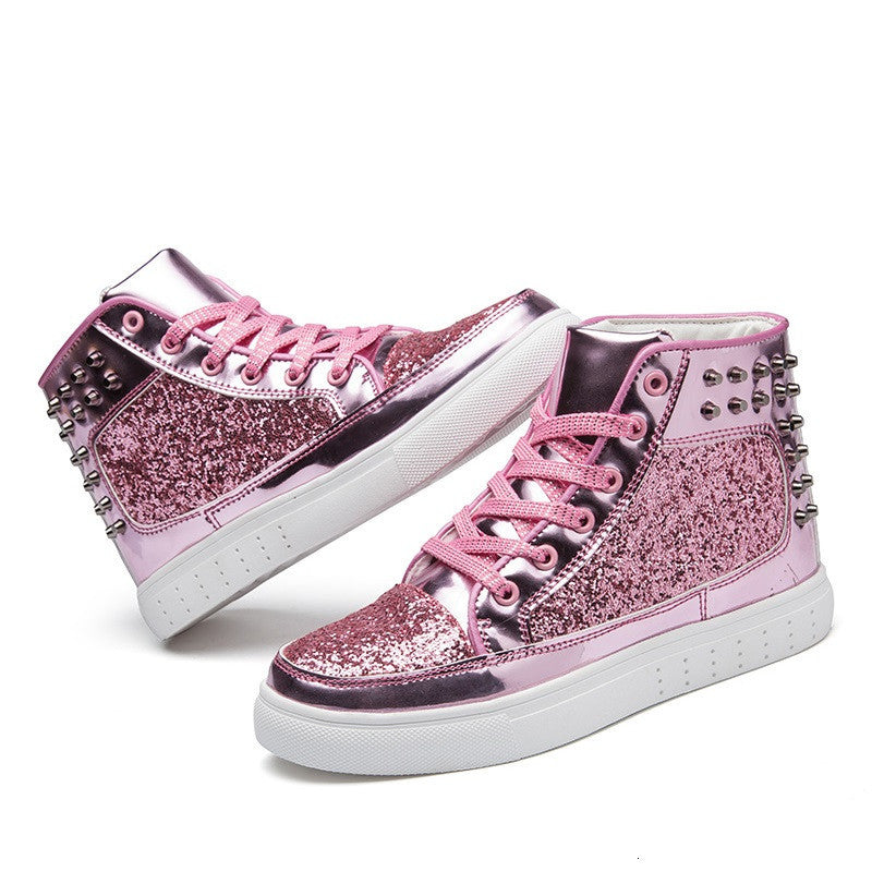 2021 New the Women&#039;s High Top Sneakers Glitter Real Gold Lace Up for Men&#039;s Male Lantejoules Casual Shoes That Bling Silver AG33