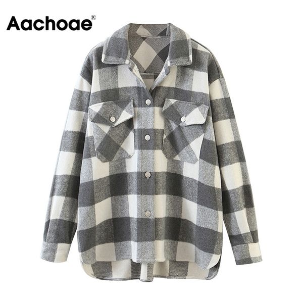 Aachoae Women Vintage Tweed Plaid Shirt Jacket Long Sleeve Single Breasted Coat With Pockets Turn Down Collar Ladies Jackets 201112