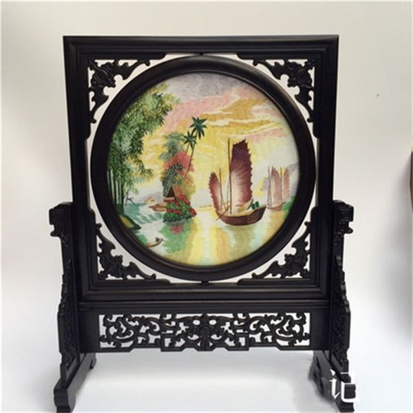 Joyous Double-side Suzhou Embroidery Ebony Stand Decoration Ornaments Chinese Handicraft Home Decor Table Screen High End Gift T200710