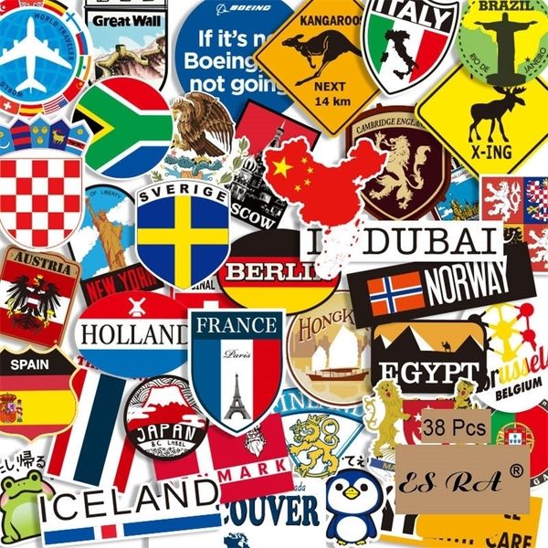 -Set Luggage Stickers Set 38 Countries Citires Suitcase Stickers Toys PVC Waterproof Decal Fridge Skateboard Room Decorate LJ201019