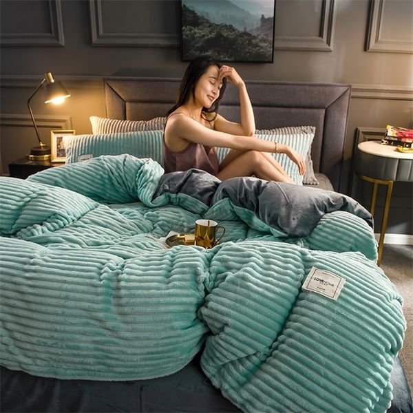 New Magic Veet Fleece Bedding Set 4pcs-Set Stripe Duvet Cover Flat Sheet Pillowcase AB side Flannel Winter Warm Bed en 201210