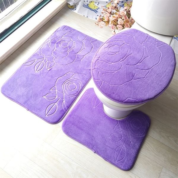 Fashion Non-slip Toilet Lid Cover Bath Mat Rugs Set Carpet for Bathroom and Toilet Seat Cover Floor Mat 3pcs Blue White Purple 201116