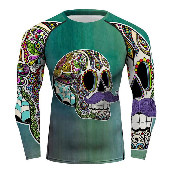 Men Full Printing Floral Skull T-shirt Long Sleeve Sportswear Rash Guards Men Workout MMA BJJ NO GI Tee Tops 201116