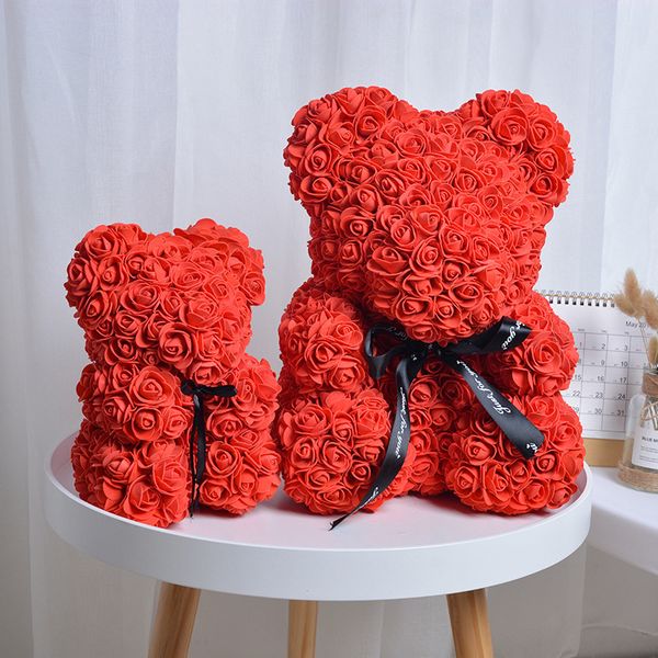 Home Decor 40cm With Heart Big Red Teddi Bear Rose Flower Artificial Decoration Christmas Gifts For Women Valentine&#039;s Day Gift 201006