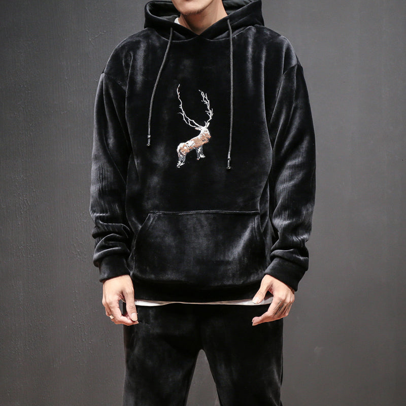 2021 New Embroidery Plus Veet Mens Suit Set Japanese Long Sleeve Soft Solid Pullover Hoodies+pants Casual Outwear Track Suits Nzq6