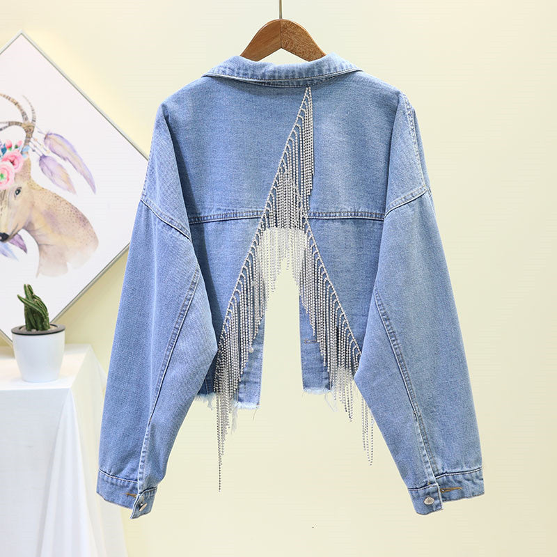 2021 Spring New Women&#039;s Denim Korean Chic Loose Short Tassel Rhinestones Jacket Back Split Jean Coats Outerwear Y55 Szsn