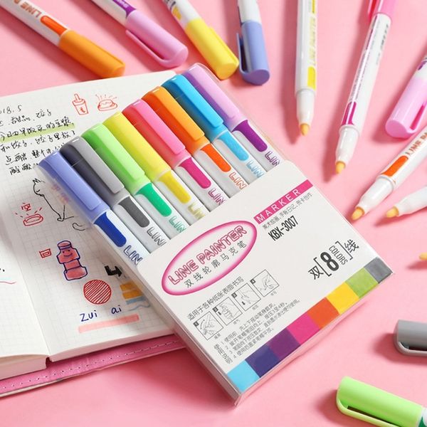 8 Colors Double Lines Art Markers Pen Outline Pen Fine Liner Marker Scrapbooking Calligraphy Lettering Pens Gift Card Y200709