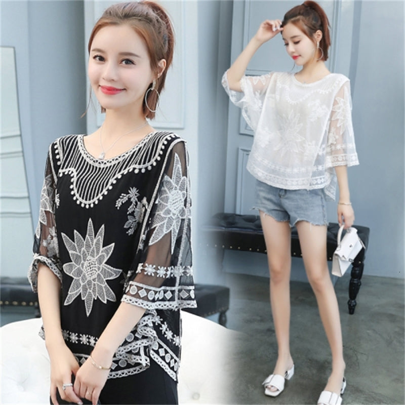 Women&#039;s Embroidery Tops and Korean Batwing Sleeve Blouses Chiffon High Quality Mujer Shirts Htsh