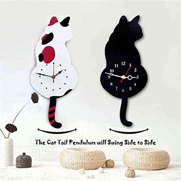 Creative Cat Shape Pendulum Wall Clock Decorative Acrylic Wall Clock with Swing Tail Home Decor Silent Scanning Movement C1 H1230
