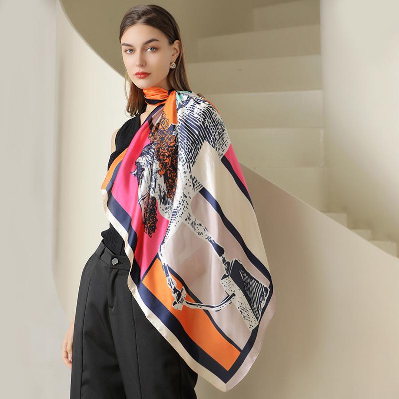 Scarves 90*90cm Square Silk Scarf Women Shawls Neckerchief Designer Print Pareo Bandanna Female Chiffon Hijab Poncho Beach 2022