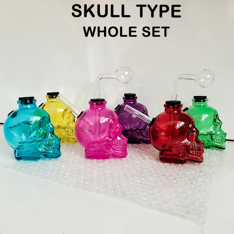 10mm Colorful Skull Shape Glass Smoking Water Curved Oil Rig Pipe Tobacco Bowl with Thick Glass Burner Bubbler pipes Whole Set Pink Yellow Blue Gree