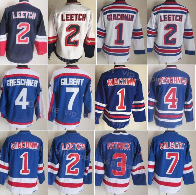Men Ice Hockey Vintage Retro 1 Eddie Giacomin Jersey 3 James Patrick 4 Ron Greschner 7 Rod Gilbert 2 Brian Leetch Stitched 75th Anniversary Blue Whi