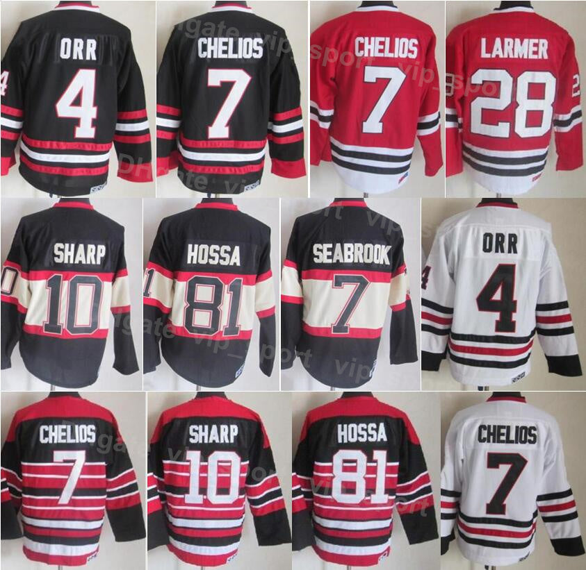 Men Ice Hockey Vintage Retro 7 Chris Chelios Jersey 10 Patrick Sharp 81 Marian Hossa 28 Steve Larmer 4 Bobby Orr 88 Patrick Kane Embroidery Black Re