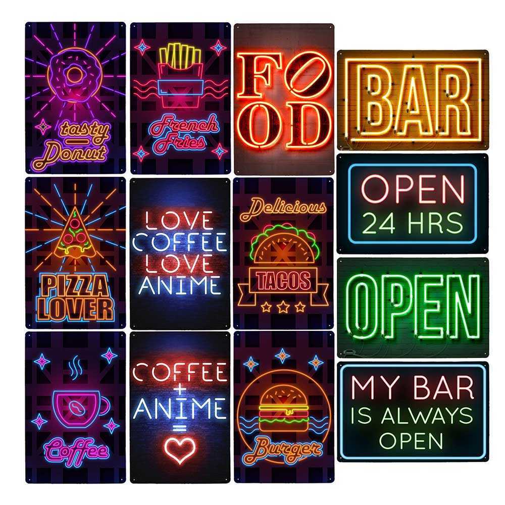 24 Hrs Bar Cafe Neon Signs Beer Pizza Dog Tacos Coffee Vintage Metal Poster Plaques Decoration Wall Tin Painting 20x30cm
